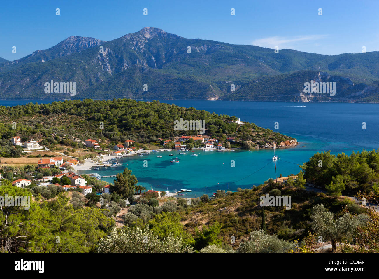 Blick über die Ostküste Dorf, Posidonio, Samos, Ägäische Inseln, Griechenland Stockfoto