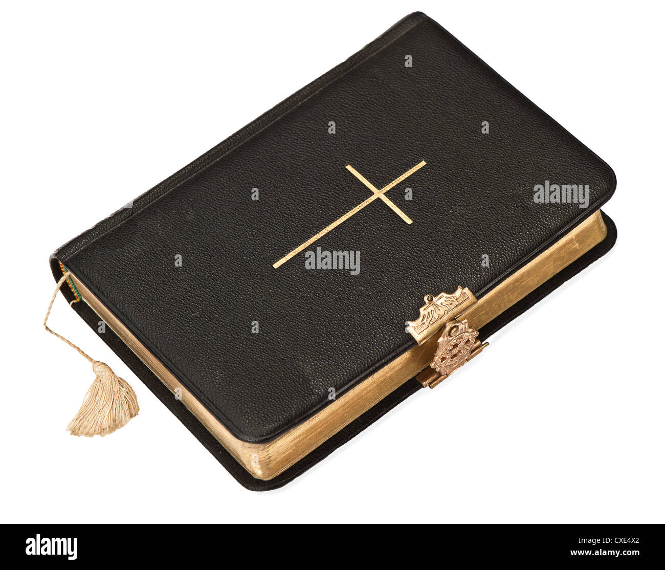 alte schwarze Bibel Buch isoliert auf weißem Hintergrund Stockfoto