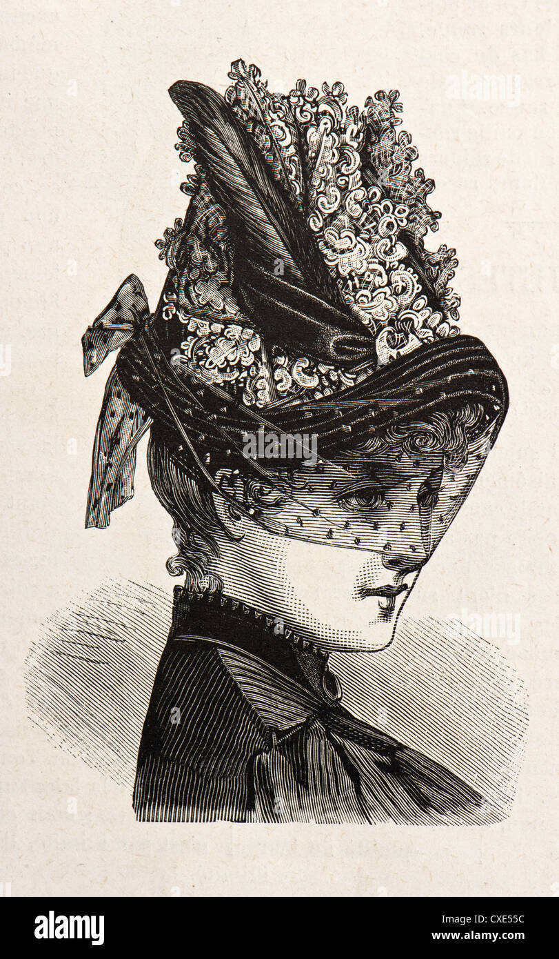 junge Frau trägt einen eleganten Hut. Vintage gravierten Abbildung. "La Mode Illustree" 1885, Frankreich, Paris Stockfoto