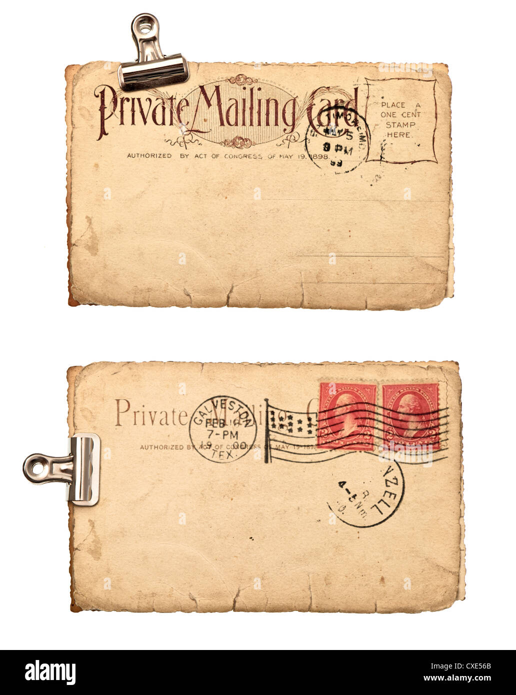 Hintergrund der Leere Postkarte mit Poststempel und Stempel Stockfoto