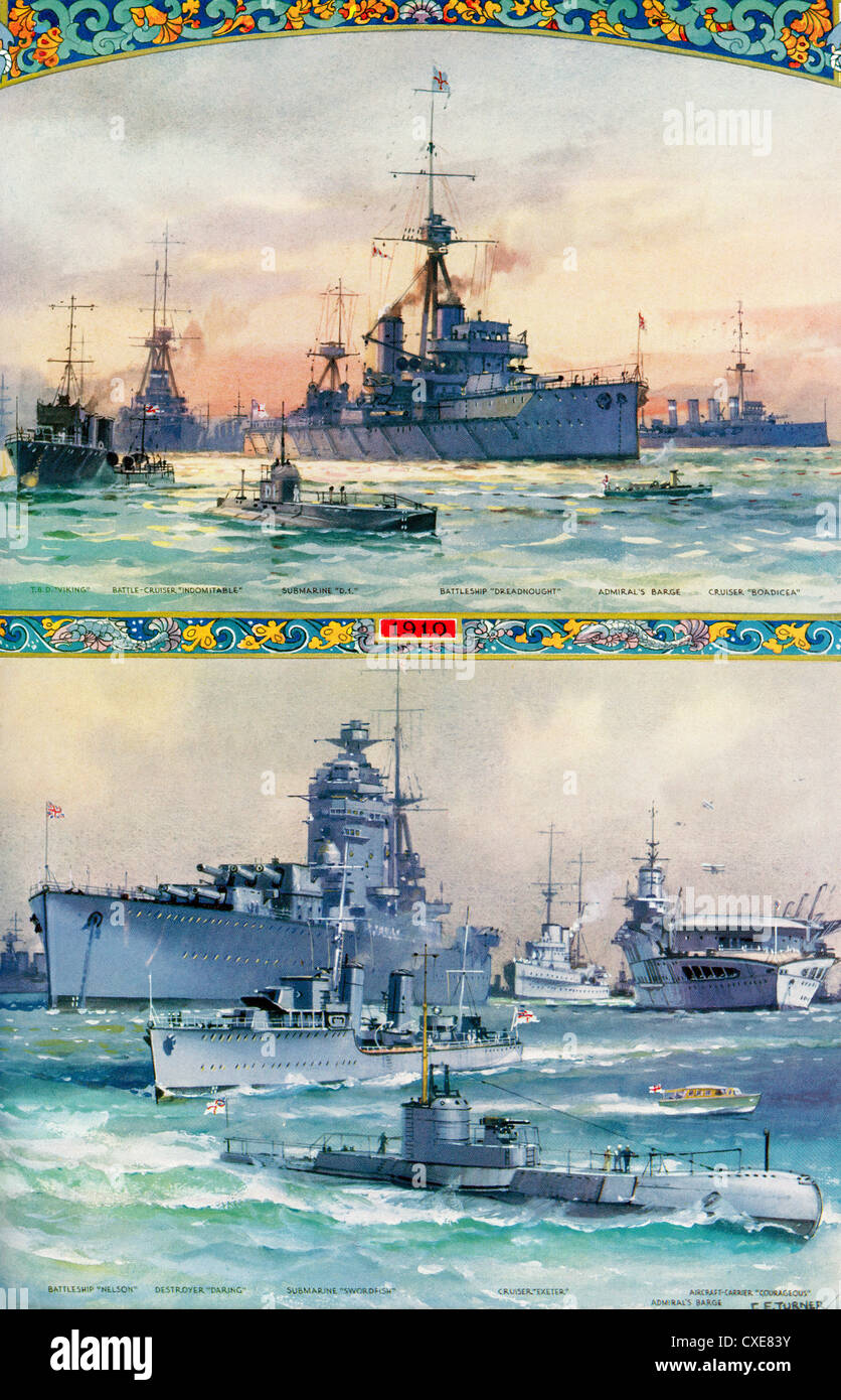 Arten von britischen Kriegsschiffen wie sie oben, im Jahre 1910 waren und wie sie 1935 unter sind. Stockfoto