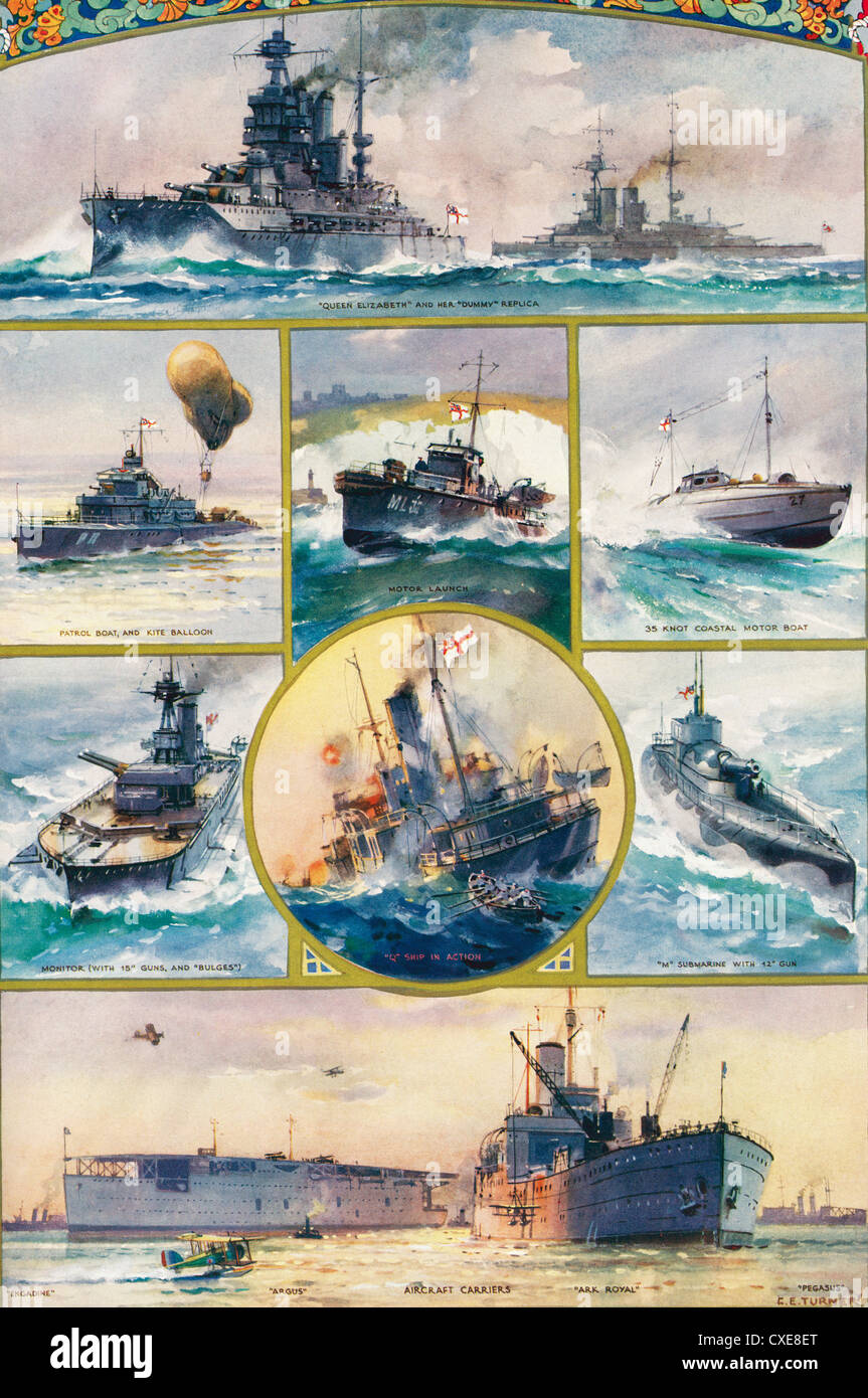 Arten von britischen Kriegsschiffen, die von dem ersten Weltkrieg ins Leben gerufen. Stockfoto