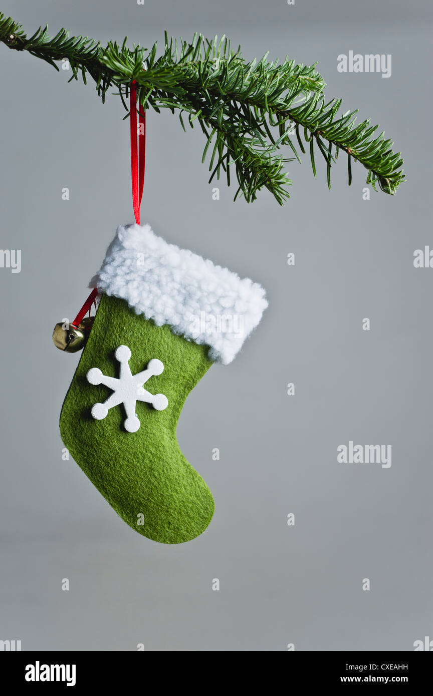 Weihnachts-Strumpf Ornament hängen an Zweig Stockfoto