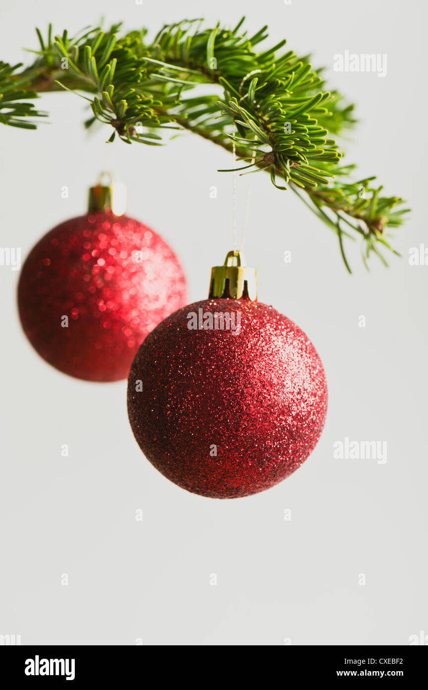 Rote Weihnachtskugeln Übergabe vom Weihnachtsbaum Stockfoto
