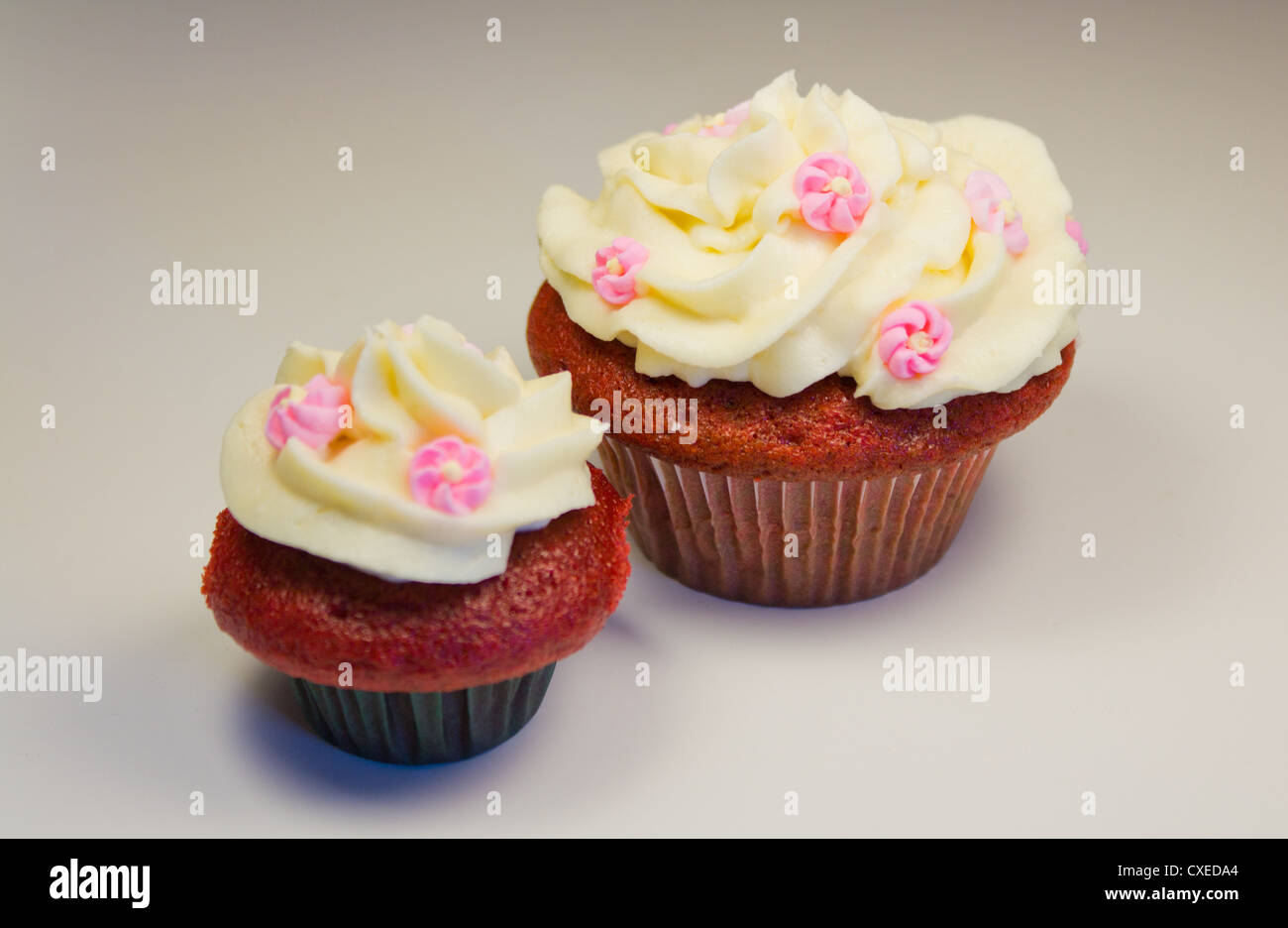 Red Velvet Cupcakes mit Buttercreme Zuckerguss mit Blumenschmuck, isoliert auf weiss. Stockfoto