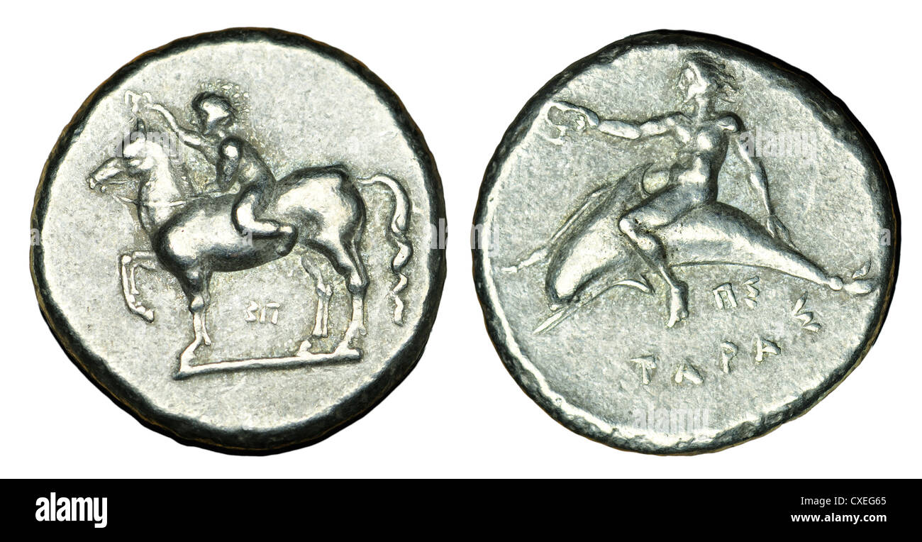 Griechenland Tarent Didrachme 380-345 v. Chr. (Nachbau) zeigt junge auf Pferd / Taras sitzt auf einem Delphin Stockfoto