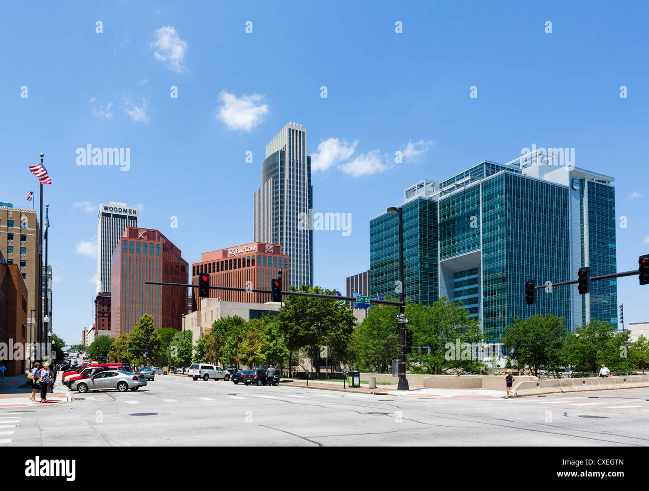 Die Skyline der Stadt vom 13. und Farnam Street, Omaha, Nebraska, USA Stockfoto
