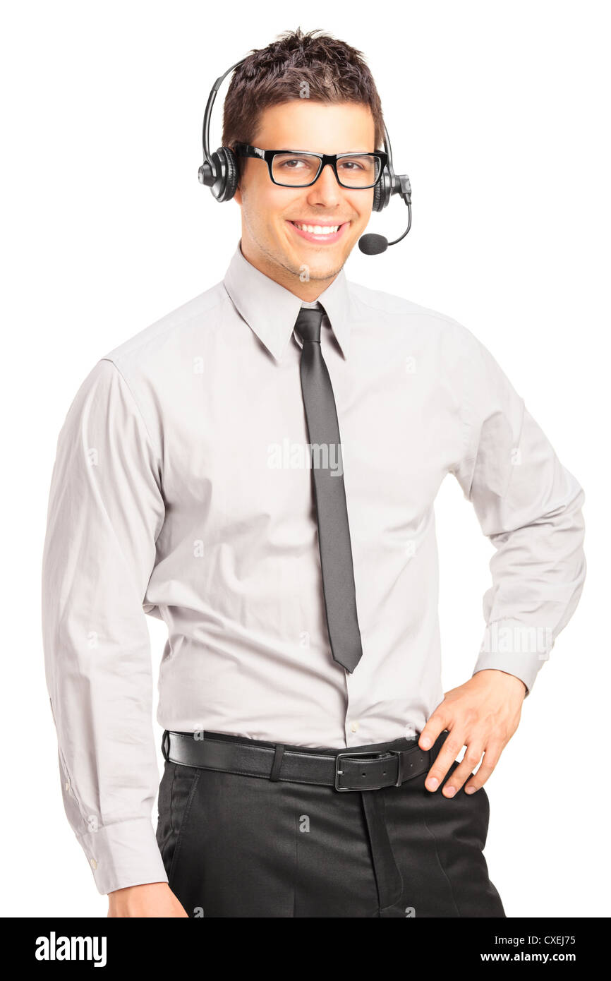 Gut aussehend männlichen Kunden-Service-Betreiber tragen einen Kopfhörer isoliert auf weißem Hintergrund Stockfoto