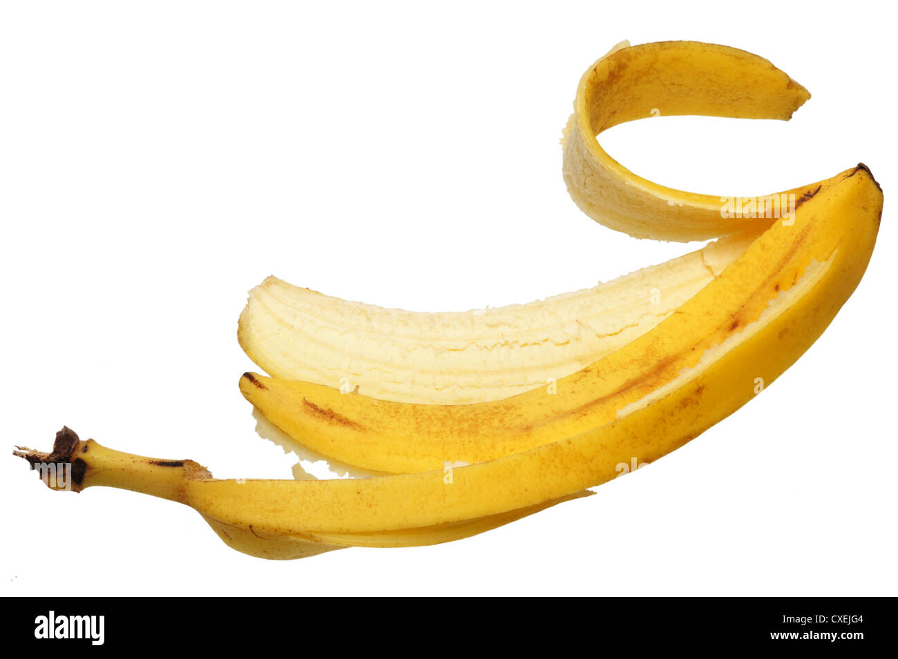 Bananenschale auf einem weißen Hintergrund isoliert. Stockfoto