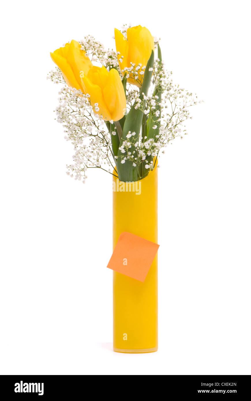 Bouquet von gelben Tulpen mit Notizpapier Stockfoto