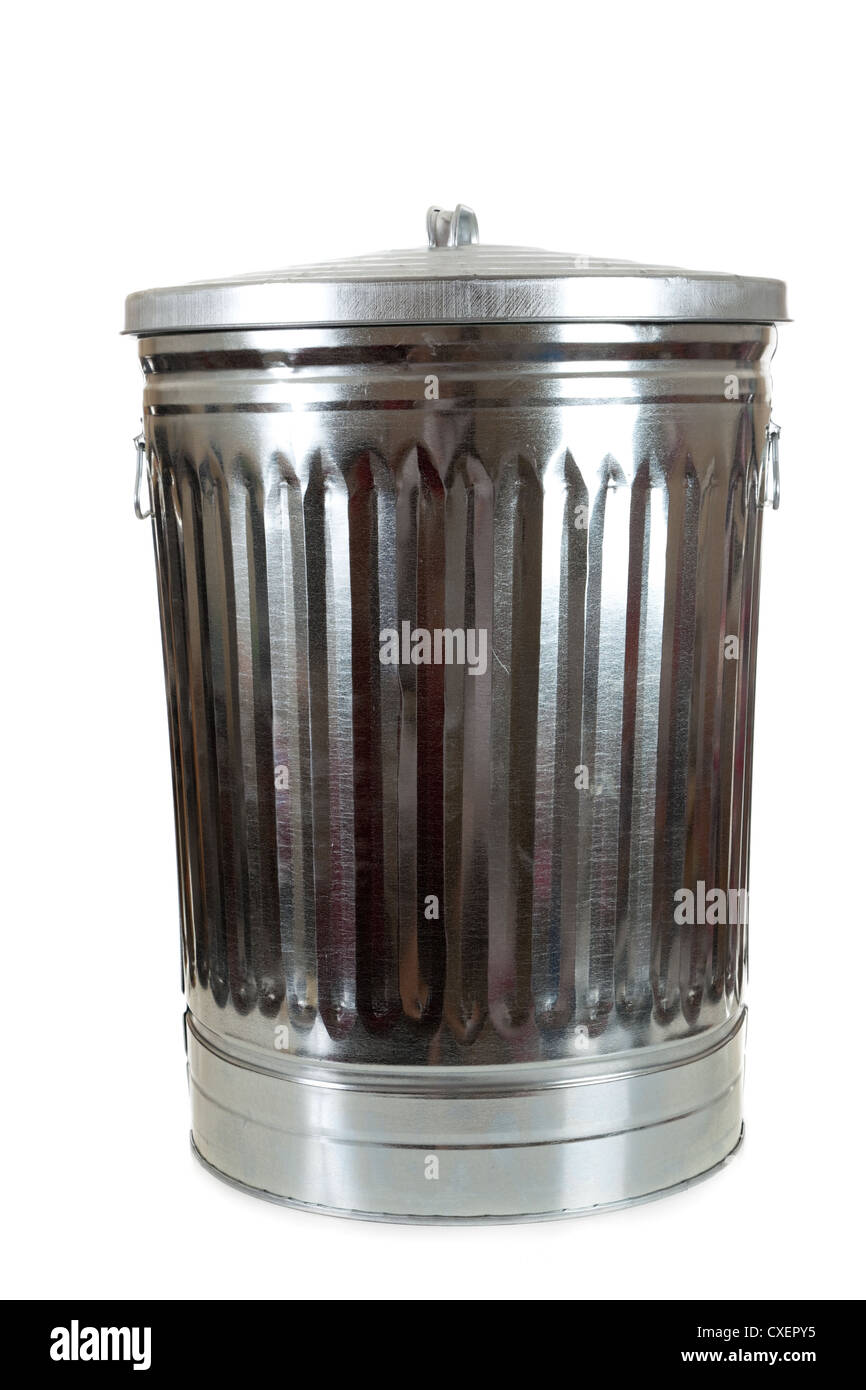 Silber Metall Aluminium Mülleimer auf weißem Hintergrund Stockfoto