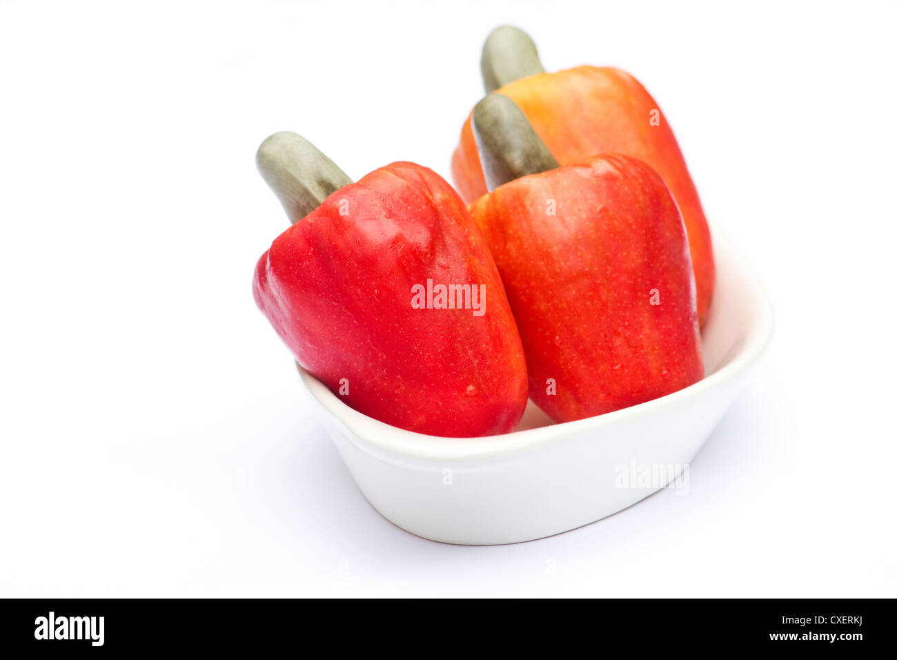 Drei Cashew-Äpfel (Anacardium Occidentale) auf weißem Hintergrund Stockfoto