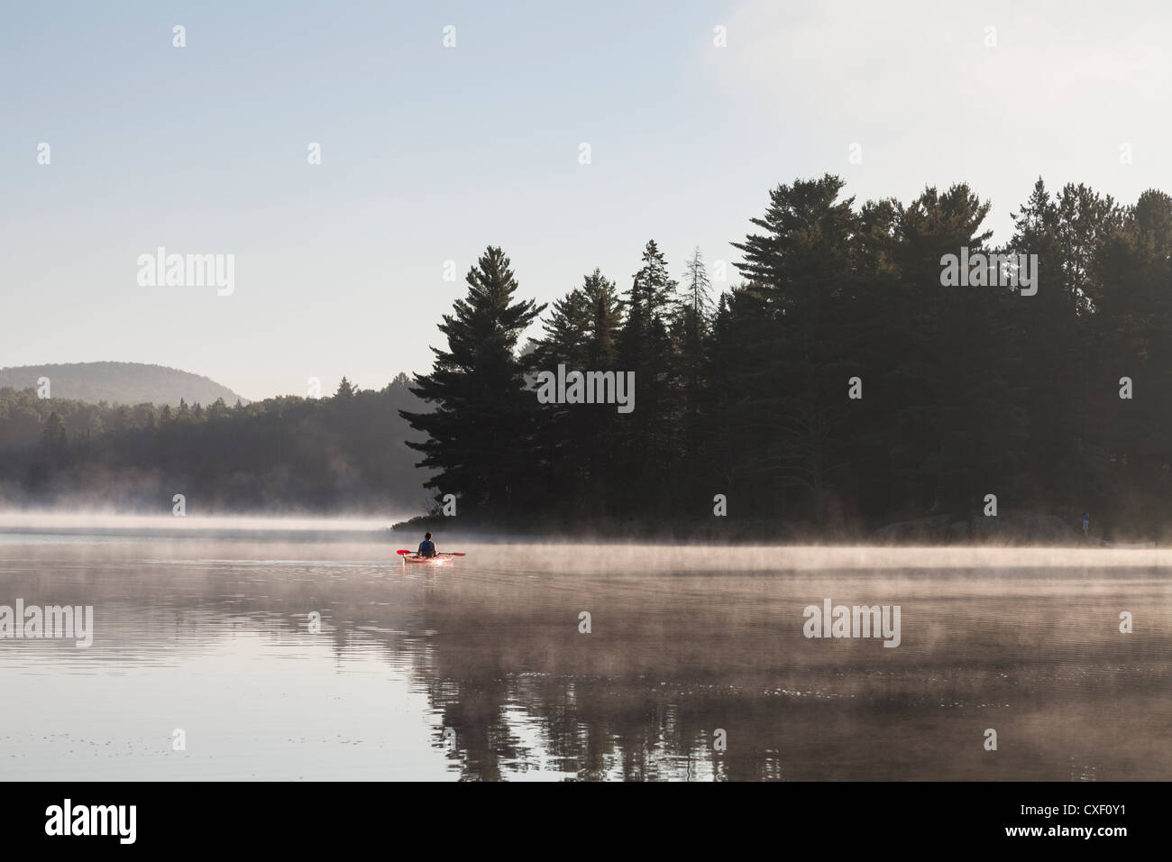 Kanu an einem nebligen See im Algonquin Provincial Park, Ontario, Canada Stockfoto