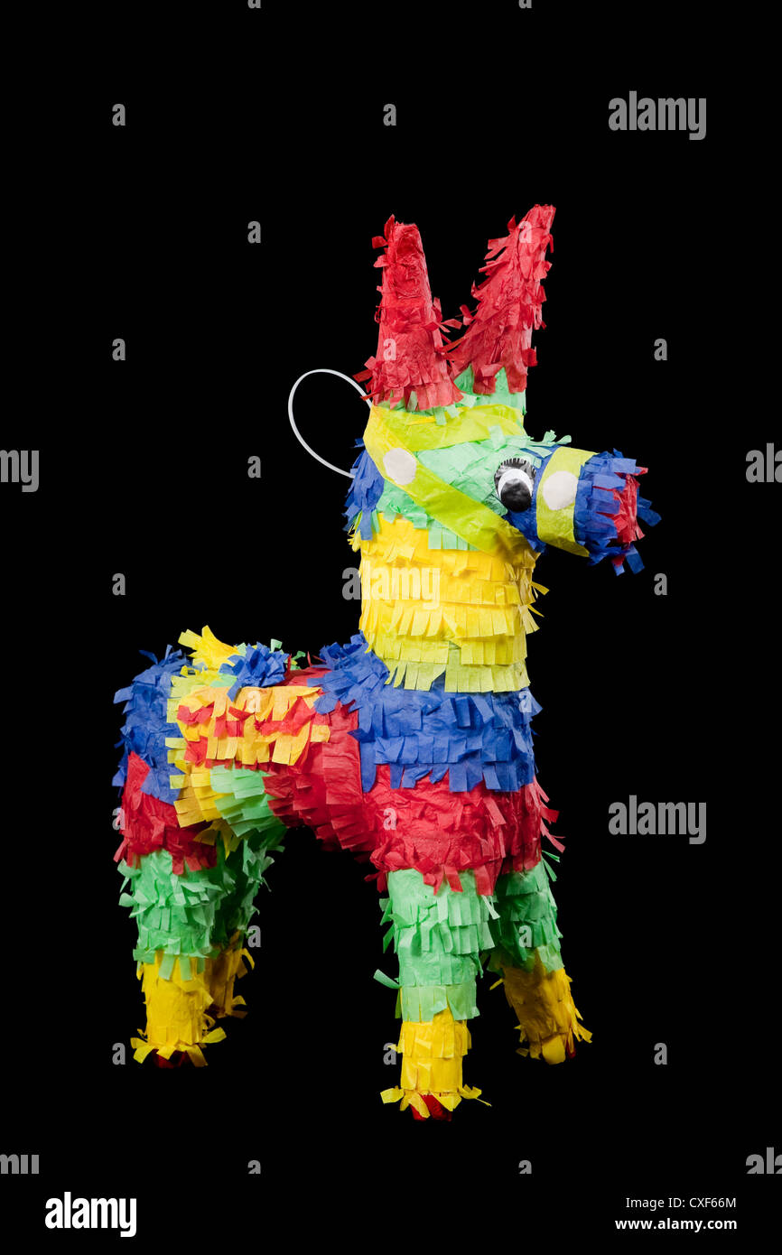 Bunte Burro Piñata auf schwarzem Hintergrund Stockfoto