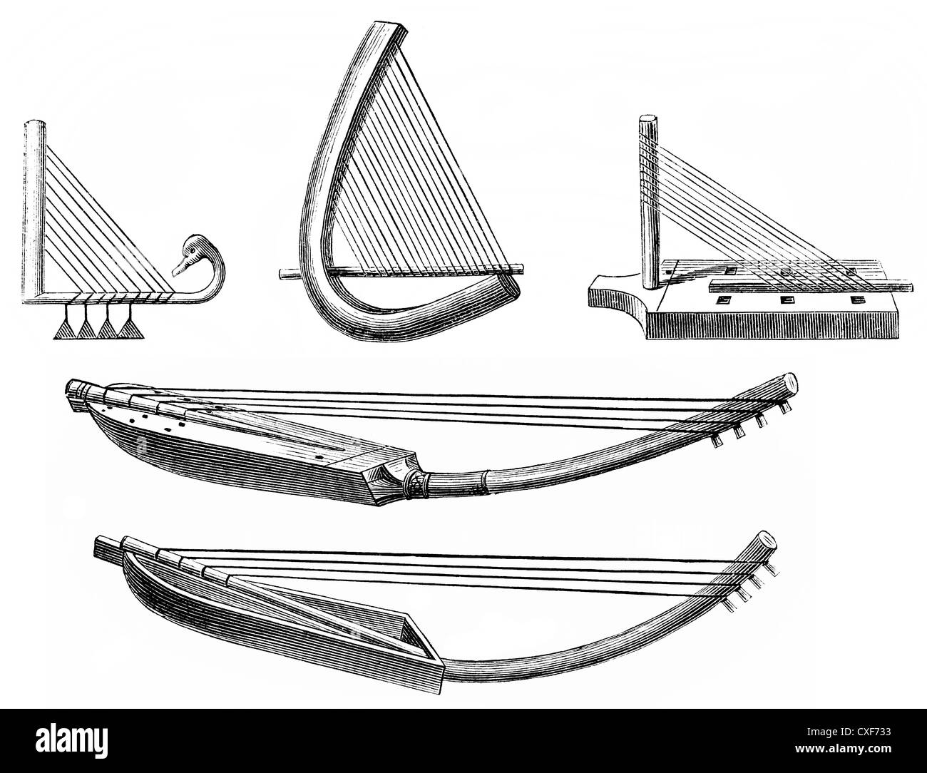 verschiedene Formen von Harfen aus Ägypten, 14. Jahrhundert v. Chr. Stockfoto