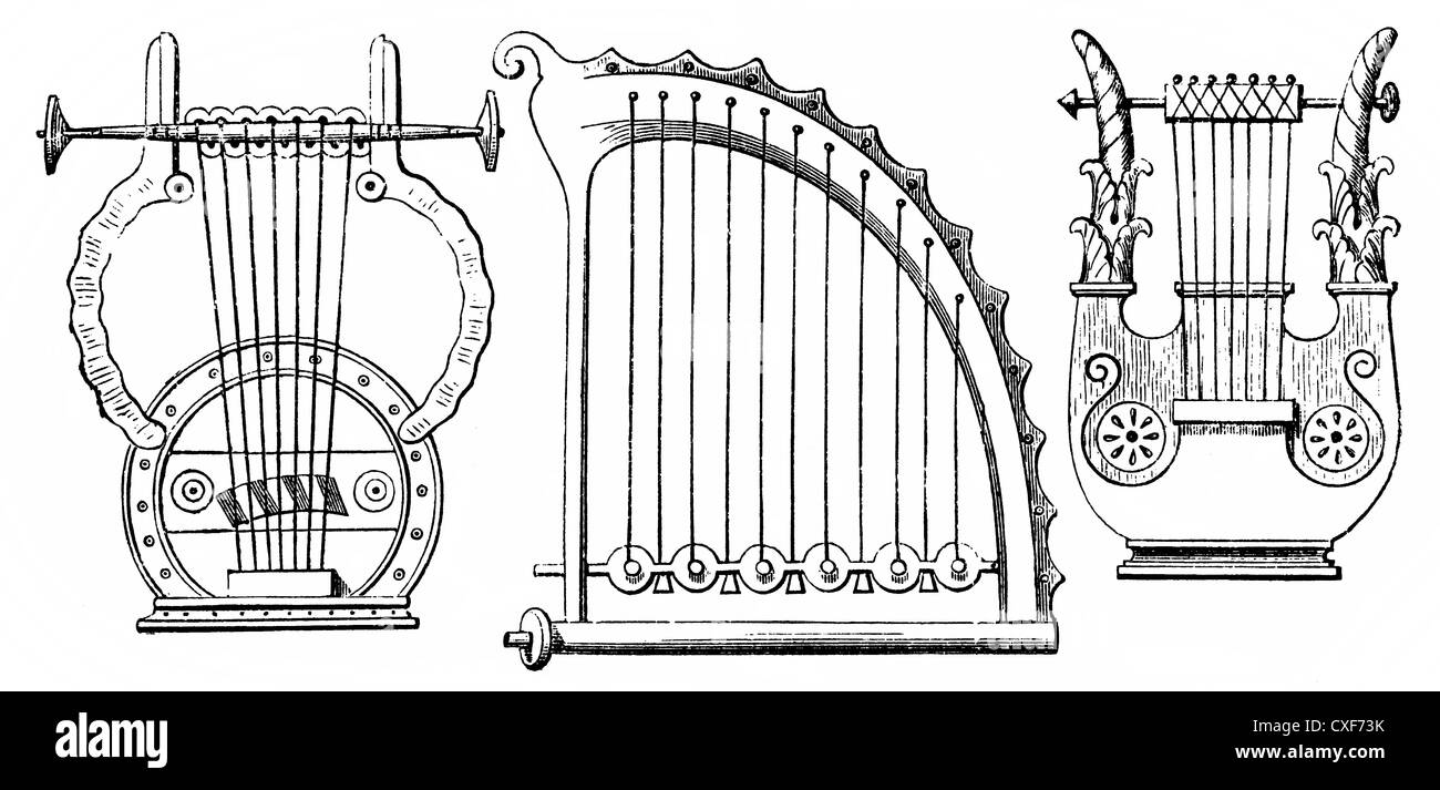 Griechischen Saiteninstrumente oder Streichern des Altertums, große Lyra und trigonon Stockfoto