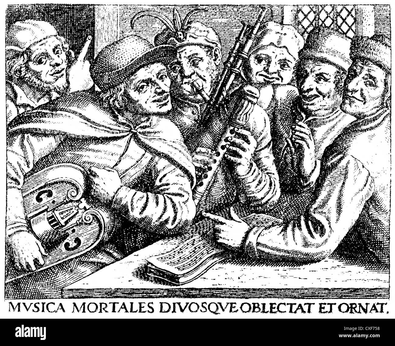 Musiker aus dem Mittelalter, Motto im lateinischen Musica Mortales Divosque Oblectat et Ornat, Musik schmückt die Götter und das Leben, Stockfoto