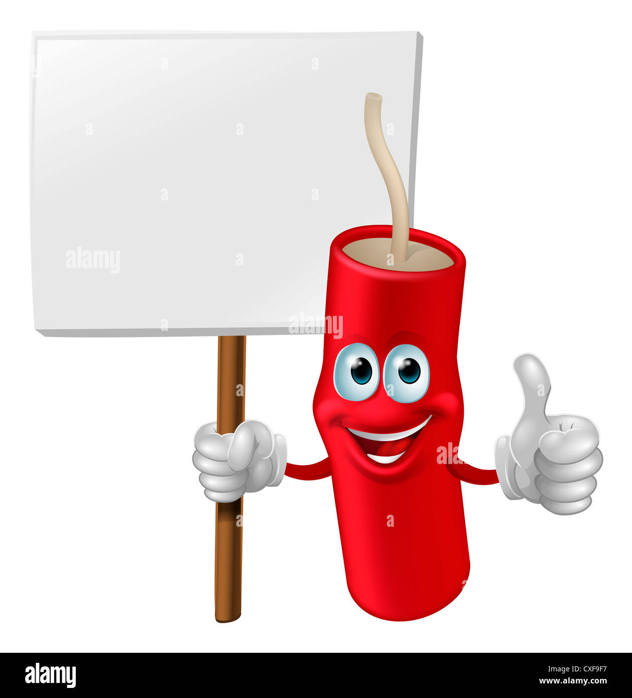 Abbildung von einem Feuerwerk Mann hält ein Schild und ein Daumen hoch Geste zu tun Stockfoto