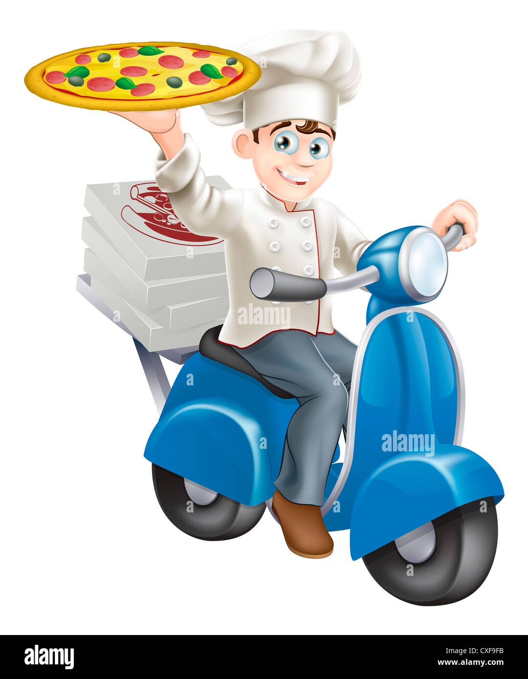 Ein elegant gekleidet Pizzabäcker in seinem Chef weißen liefern Pizza auf sein Moped. Stockfoto