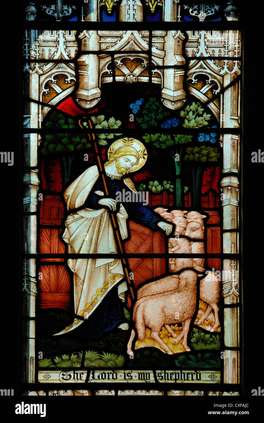 Roggen, Sussex, England. Roggen Pfarrkirche St. Mary (12.Jh.). Buntglasfenster. "Der Herr ist mein Hirte" Stockfoto