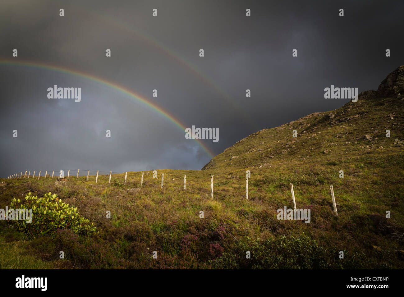 Doppelter Regenbogen unter stürmischen Himmel, Highlands, Schottland Stockfoto