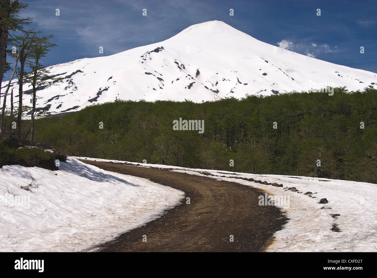 Elk198-3110 Chile Pucon, Villarrica Nationalpark, Volcan Villarrica, Straße mit Schnee Stockfoto