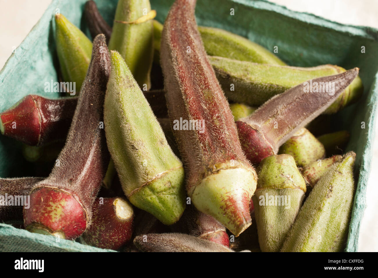 Körbchen oder Korb mit frischen Okraschoten Stockfoto