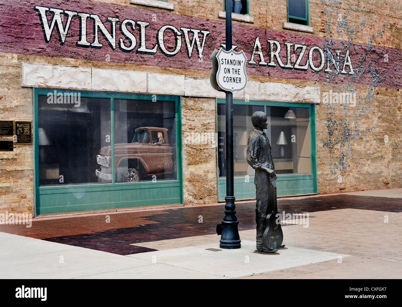 Die Ecke von Winslow, Arizona als über The Eagles "Take It Easy" Lied berühmt gemacht. Stockfoto