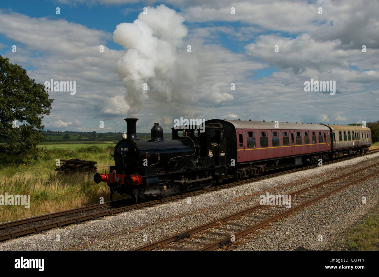 Eine alte Dampflok schafft Dampfwolken, die mit dem blauen Himmel und Wolken zu mischen, wie es durch die Landschaft fährt. Stockfoto