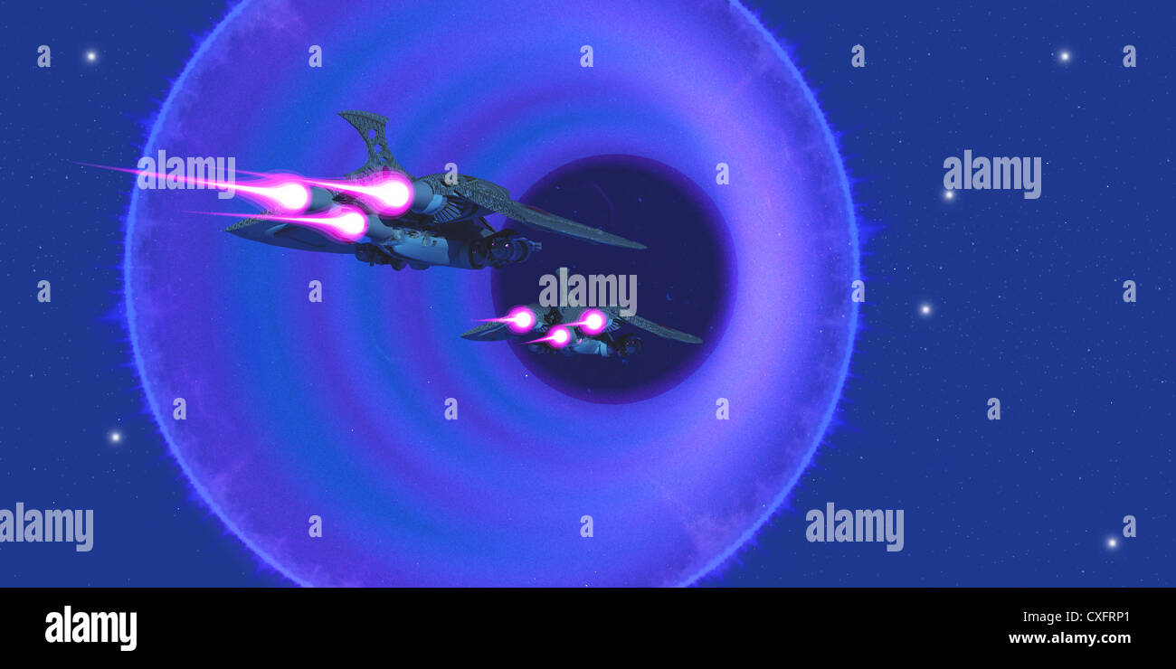 Zwei Raumschiffe geben Sie ein Wurmloch auf den Weltraum kommt man zu einem Universum in einem anderen Teil der Galaxis. Stockfoto