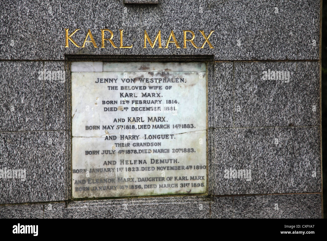 Karl Marx Grab Inschrift am Highgate Cemetery in London Stockfoto