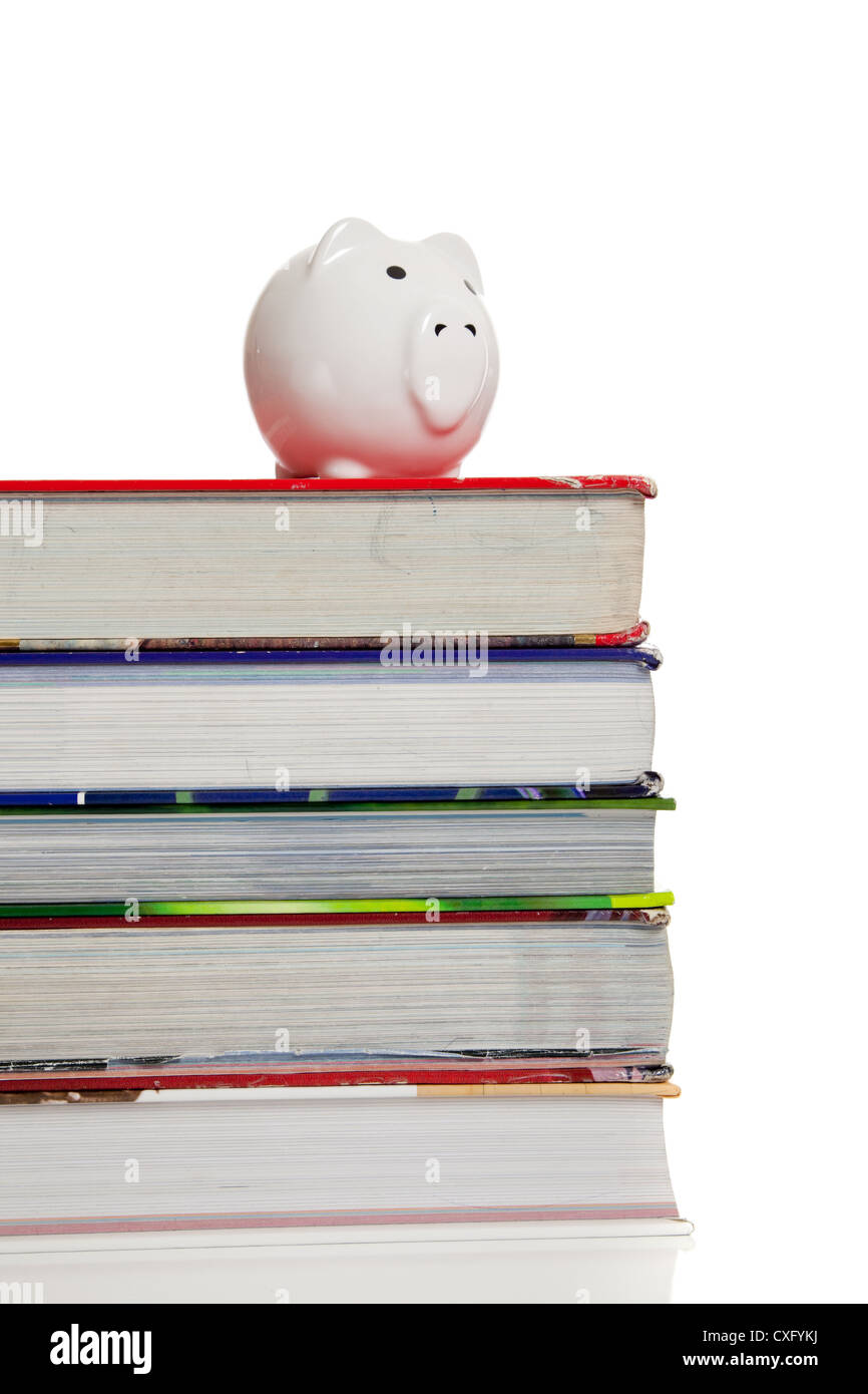 Stapel von Lehrbüchern mit einem Sparschwein an der Spitze Stockfoto