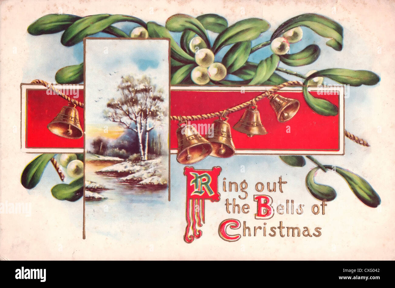 Erklingen Sie die Glocken für Weihnachten - Vintage Weihnachtskarte Stockfoto