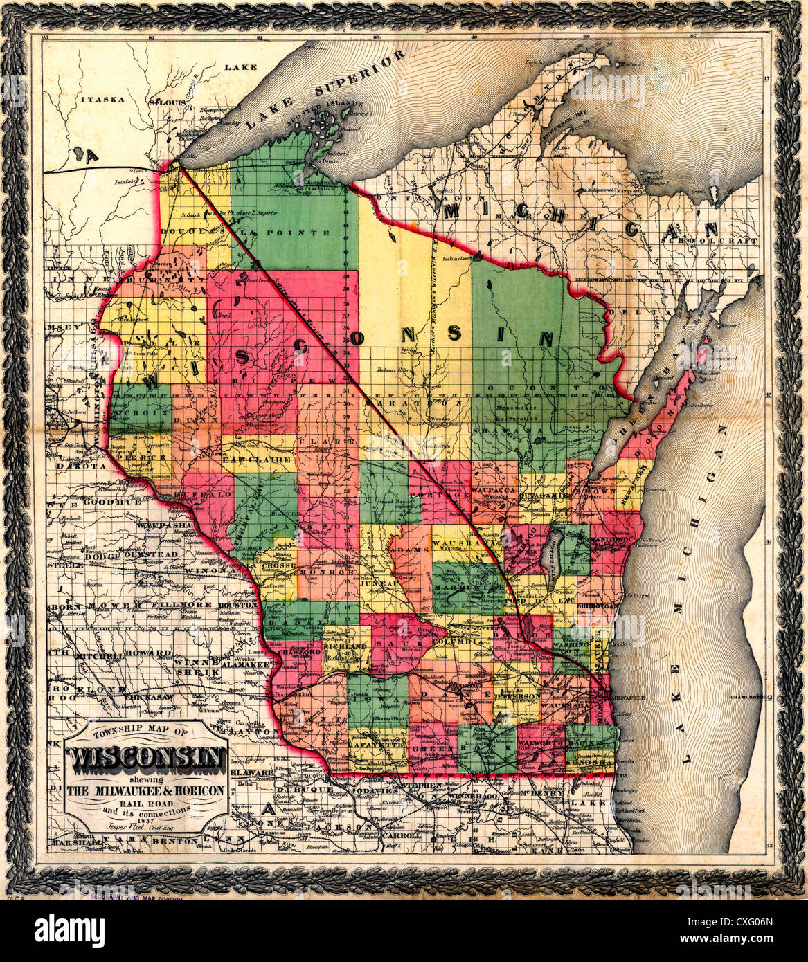 Township Karte von Wisconsin zeigt The Milwaukee & Horicon Rail Road und seinen Verbindungen. 1857 Stockfoto