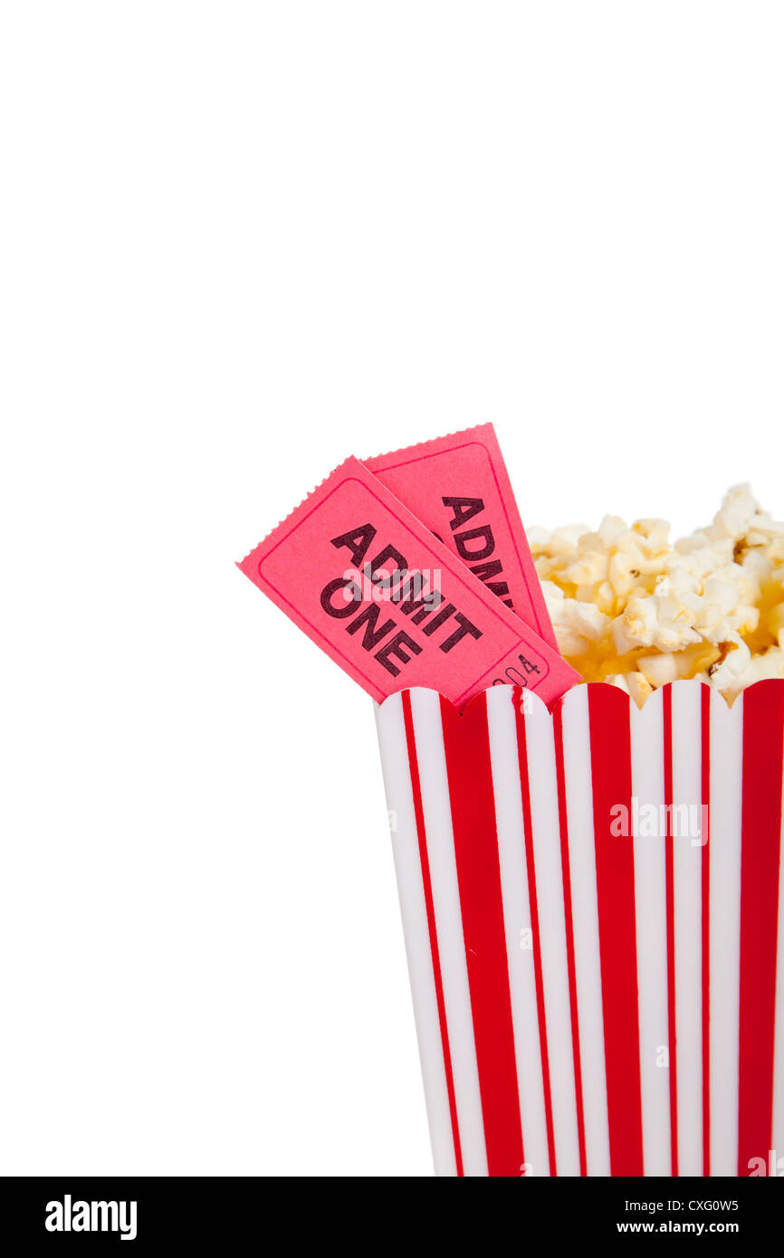 Popcorn-Container und Film-tickets Stockfoto