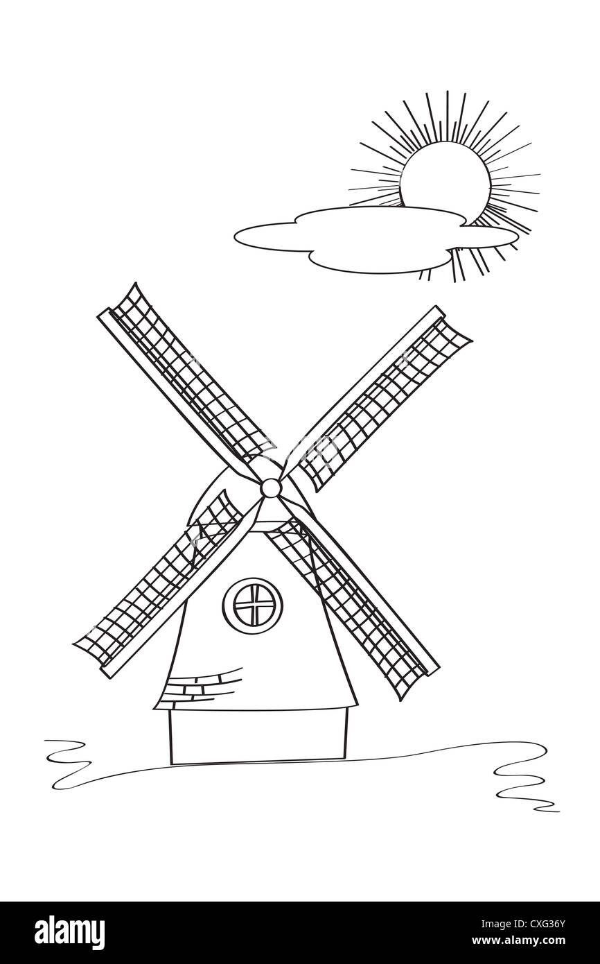 Alte Windmühle skizzieren vor weißem Hintergrund Stockfoto