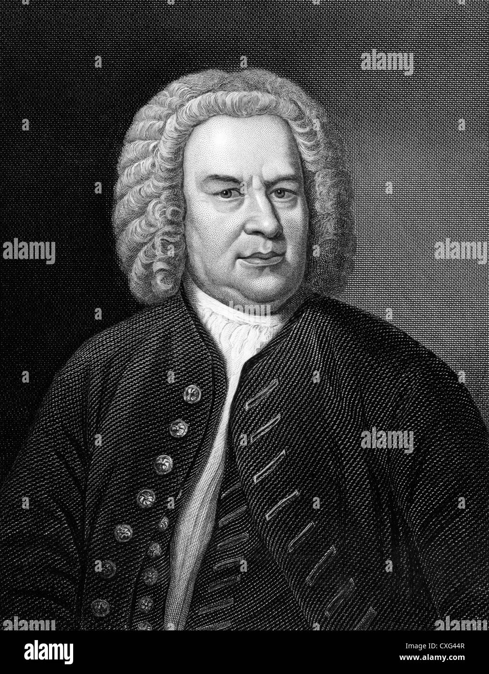 Johann Sebastian Bach (1685-1750) auf Kupferstich aus dem Jahr 1857. Deutscher Komponist, Organist, Cembalist, Bratschist und Geiger. Stockfoto