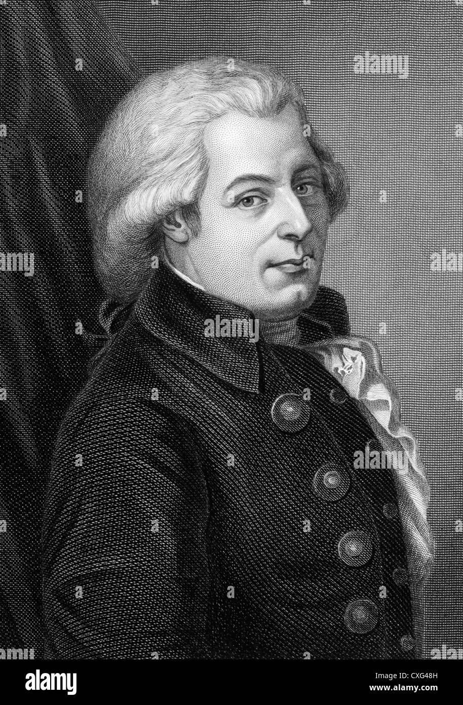 Wolfgang Amadeus Mozart (1756-1791) auf Kupferstich aus dem Jahr 1857. Einer der bedeutendsten und einflussreichsten Komponisten. Stockfoto
