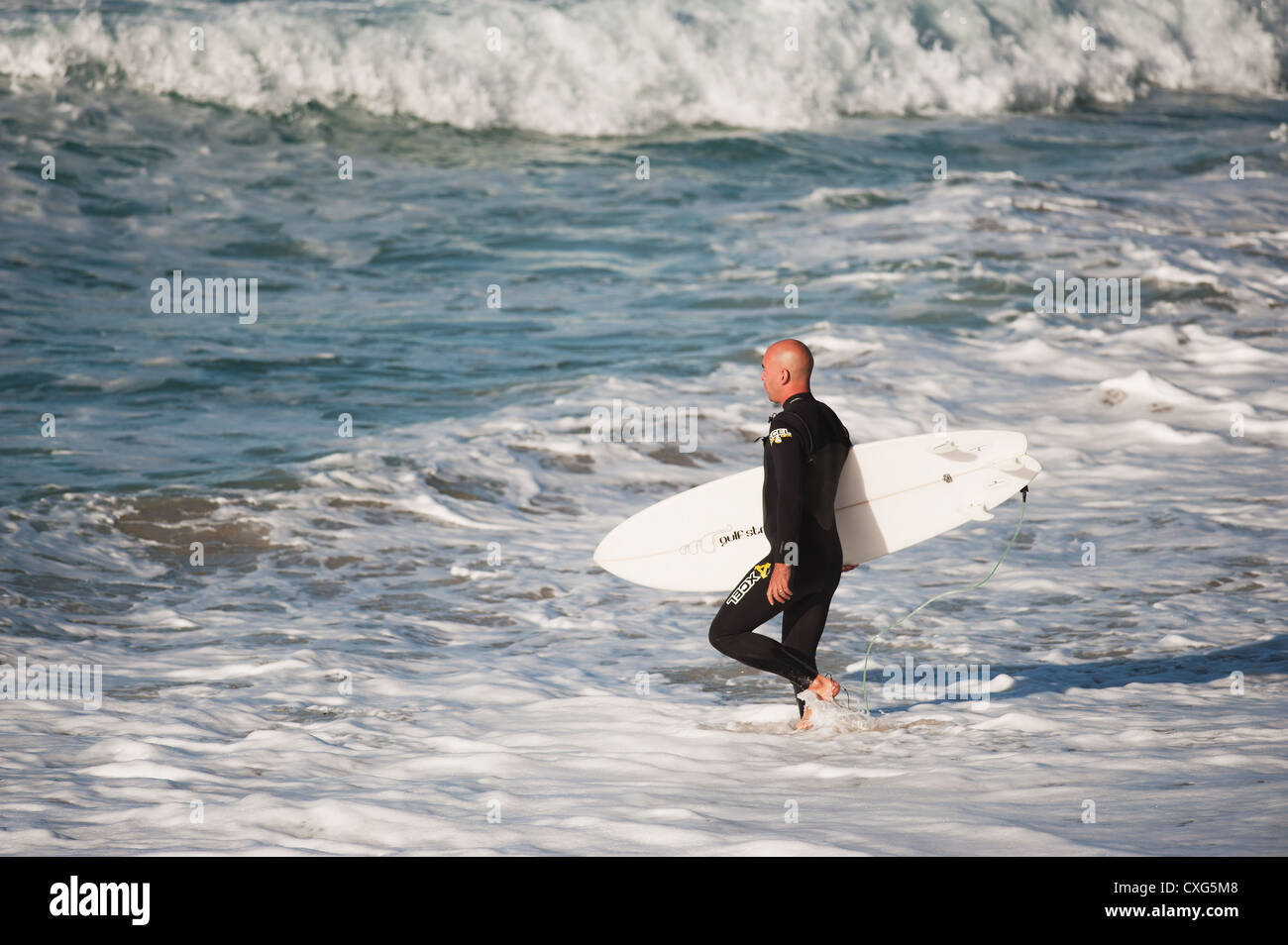 Ein Surfer zu Fuß ins Meer bei Sennen in Cornwall Stockfoto