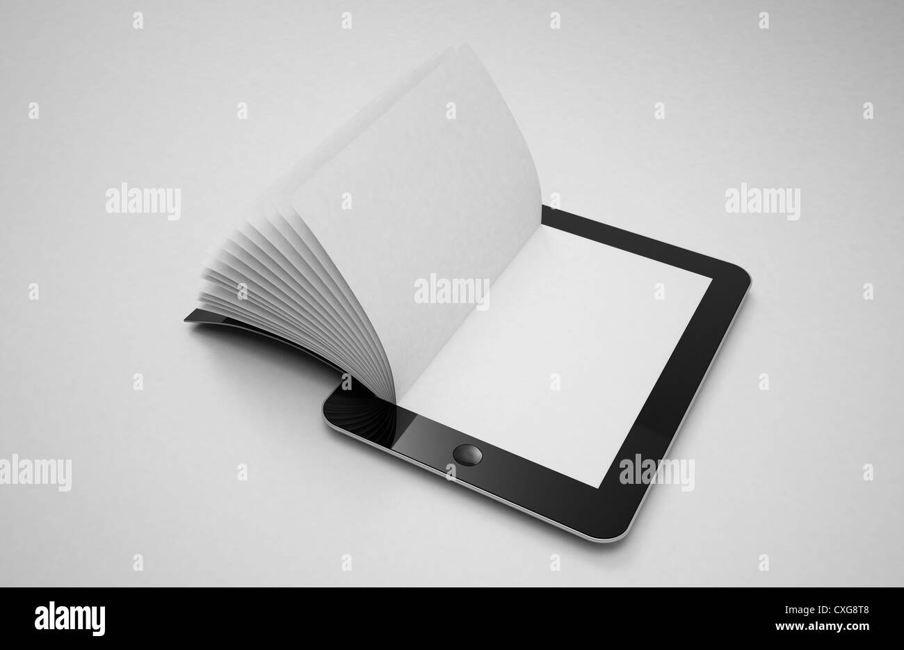 Kombination von Buch und Tablet-PC Stockfoto