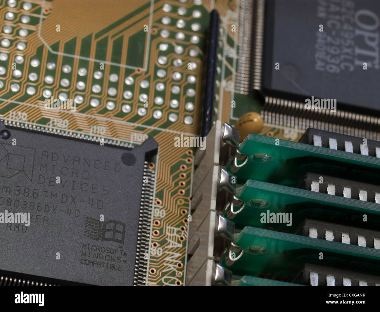 Detail aus einem AMD 386-Computer-motherboard Stockfoto