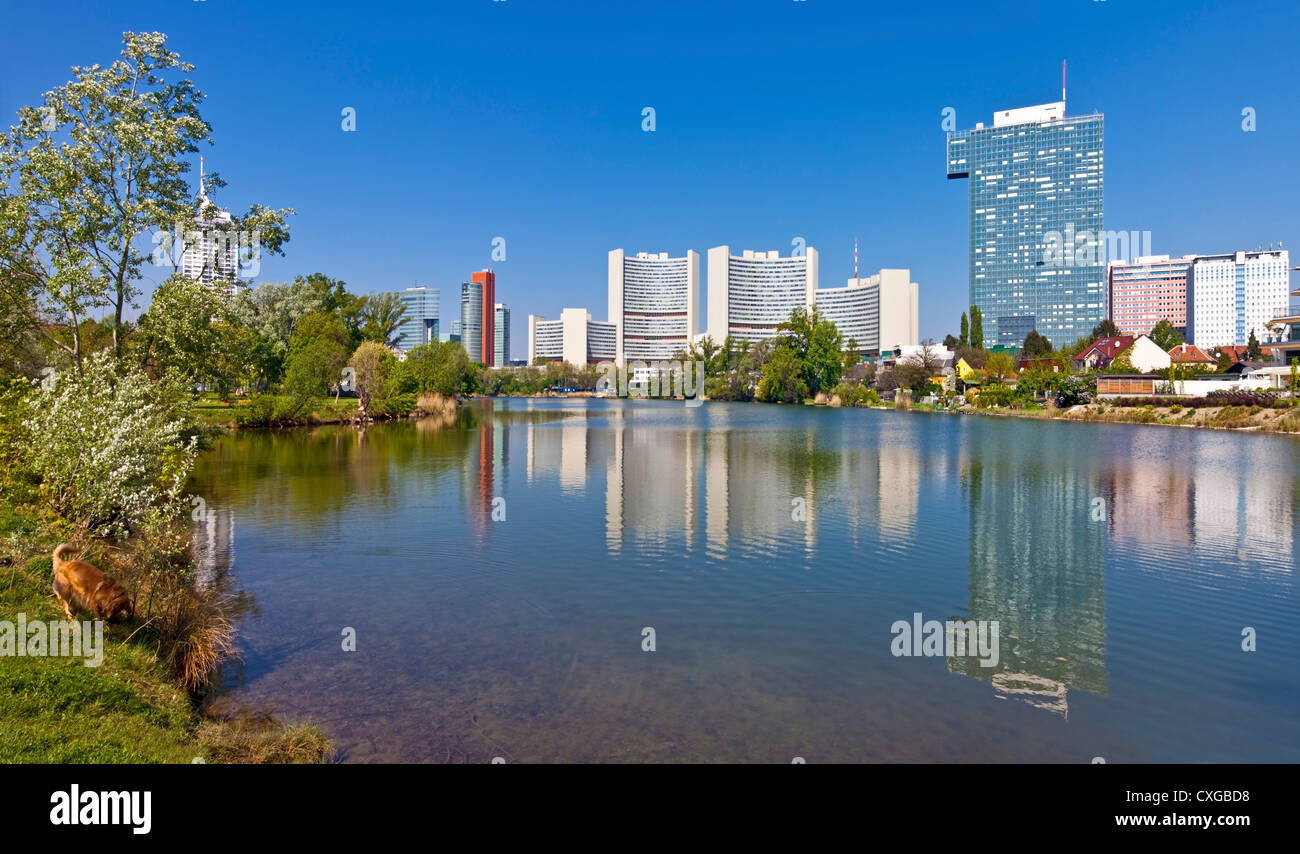 Skyline-Uno-City Wien im Sommer auf das Kaiserwasser Stockfoto