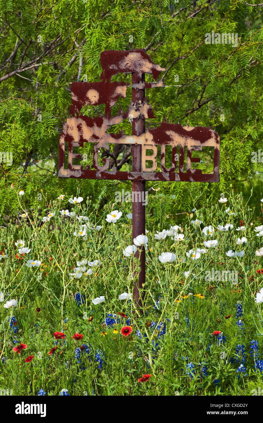 Schmiedeeisen Ranch Zeichen und Wildblumen im Frühjahr bei Willow City Loop im Hügelland in der Nähe von Fredericksburg, Texas, USA Stockfoto