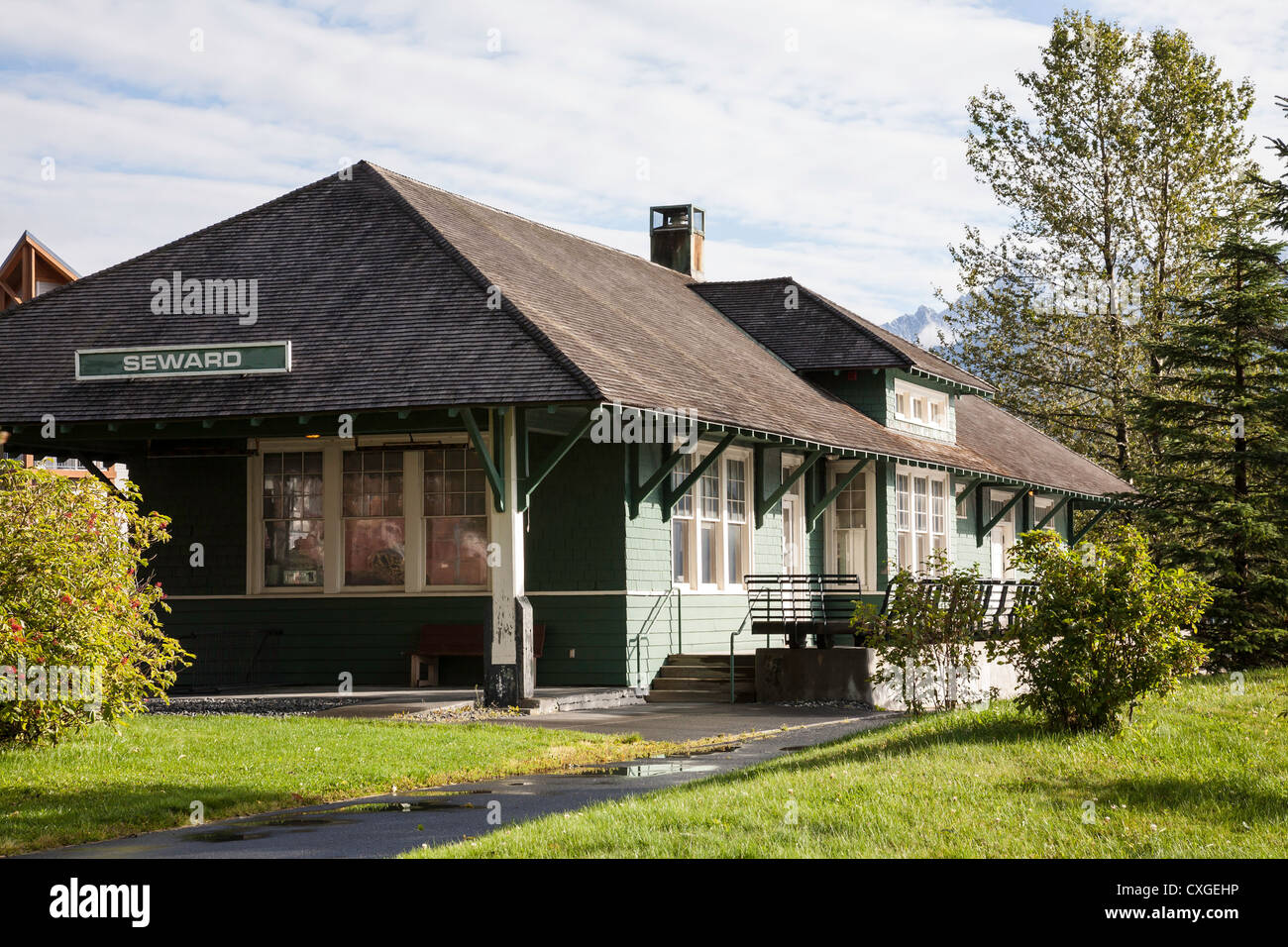 Alten Alaska Railroad Station Depot, Carsten Park, Seward, AK, USA Stockfoto