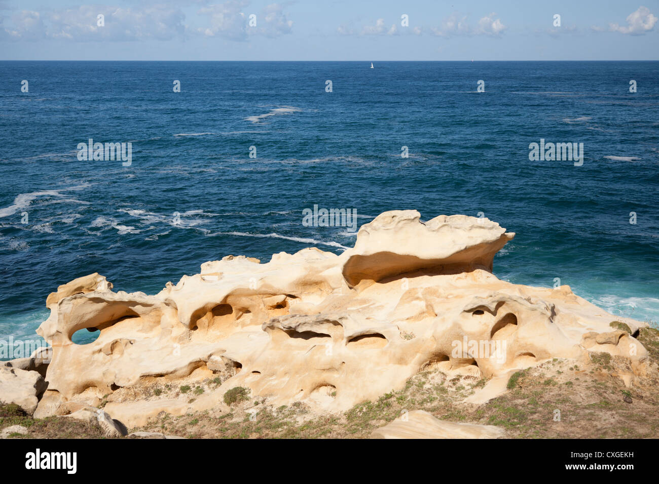 Ein Block aus Sandstein geformt durch die Marine und Wasser Erosionen (Jaizkibel - Guipuzkoa - Spanien). Bloc de Grès Modelé Par l'Érosion. Stockfoto