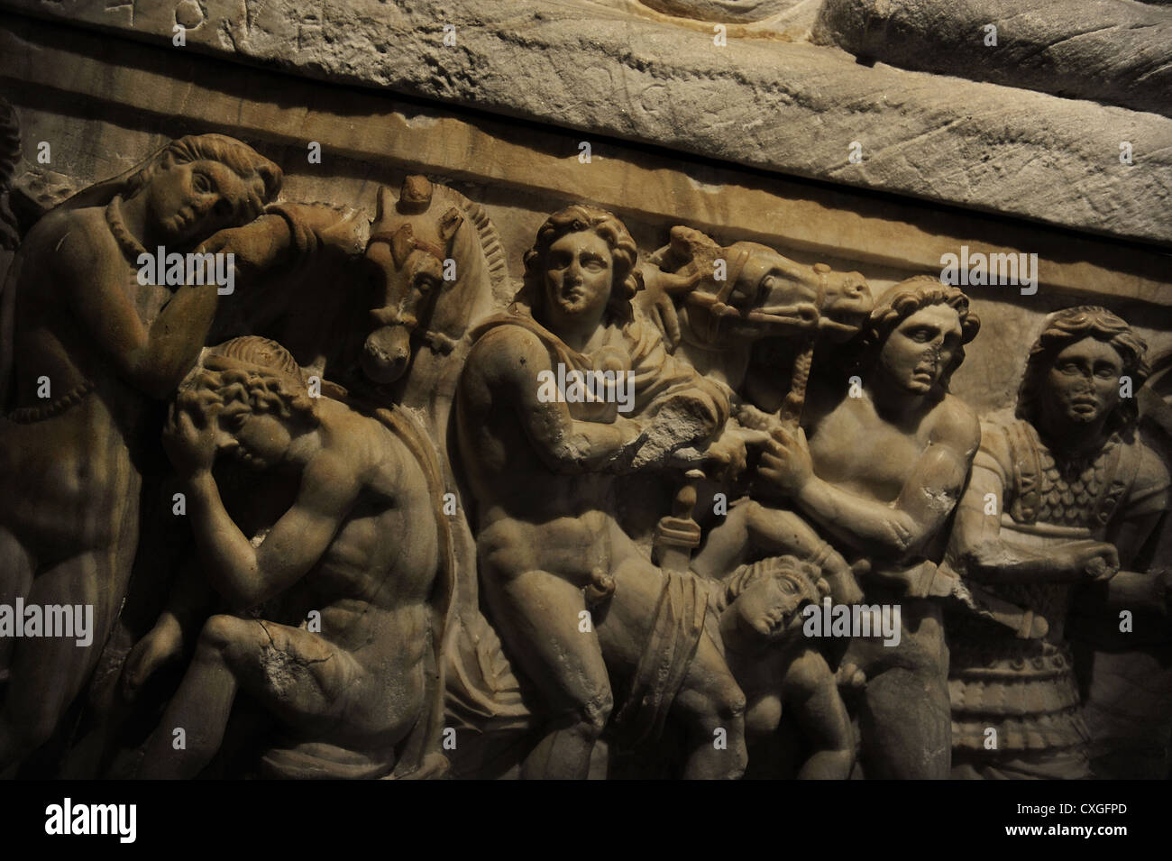 Cineray Urnen auf Podium. Kammergrab der Pruni Familie in der Nähe von Chiusi, Etrurien. 200-100 v. Chr. Reliefs. Ny Carlsberg Glyptotek. Stockfoto