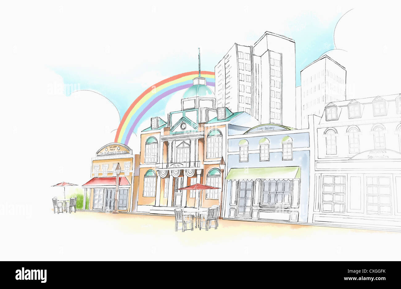 Abbildung von Geschäften auf der Straße Stockfoto