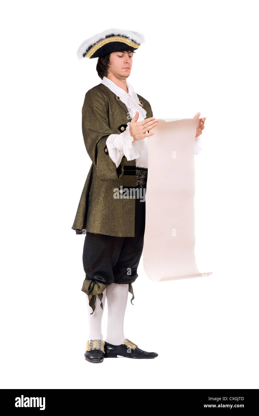 Mann in ein historisches Kostüm zu lesen das Dekret Stockfoto