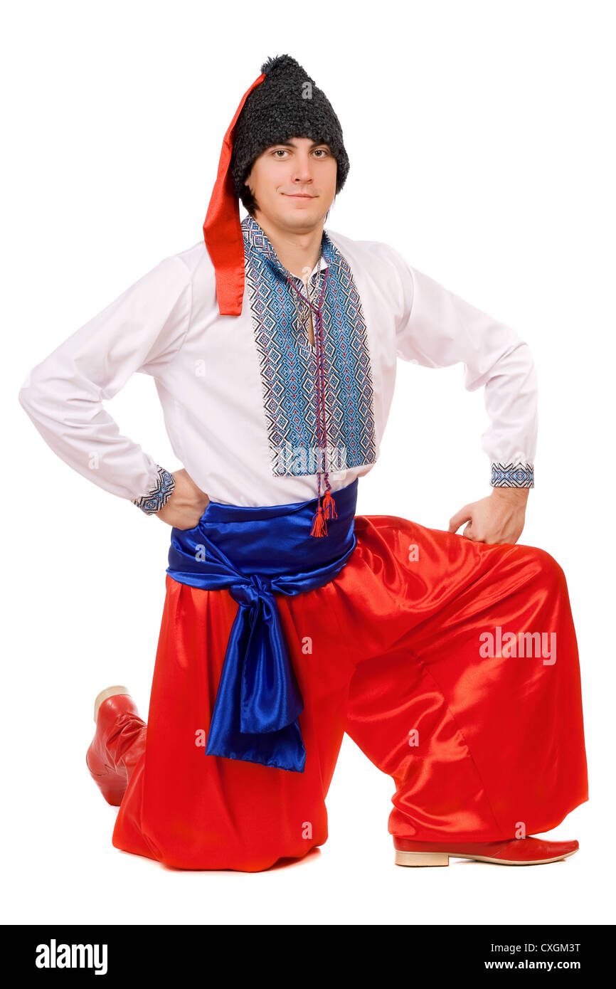 Kerl in der ukrainischen nationalen Tracht. Isoliert Stockfoto