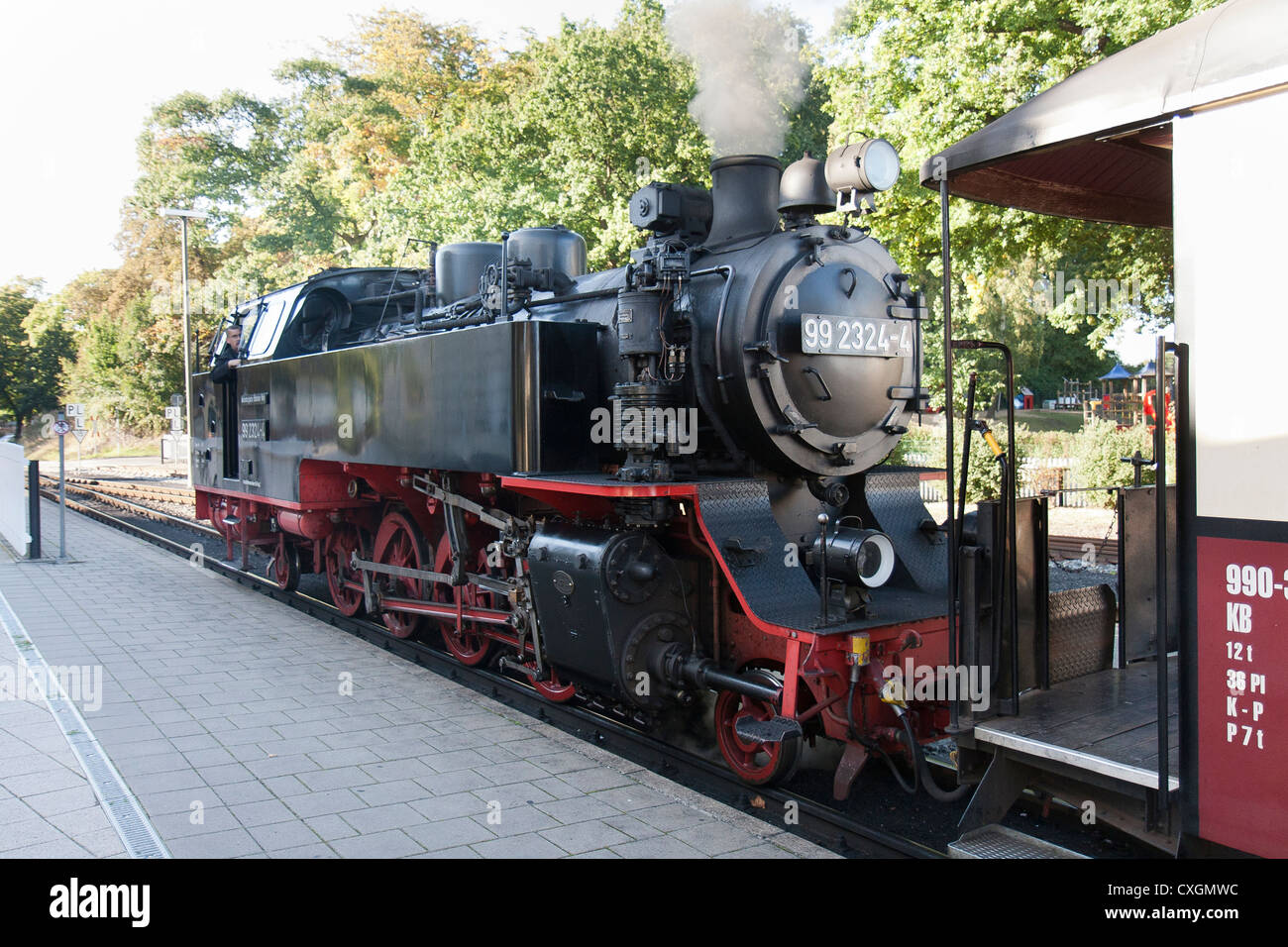 Dampflok zieht einen Personenzug. Der Molli-Bahn in Bad Doberan - Deutschland Stockfoto